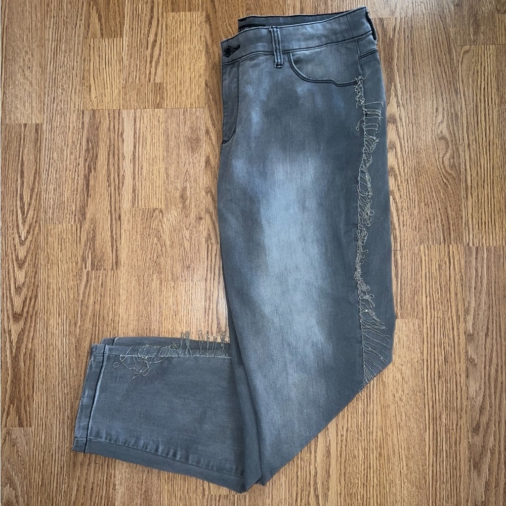 Gray Beaded Fringe Jeans
